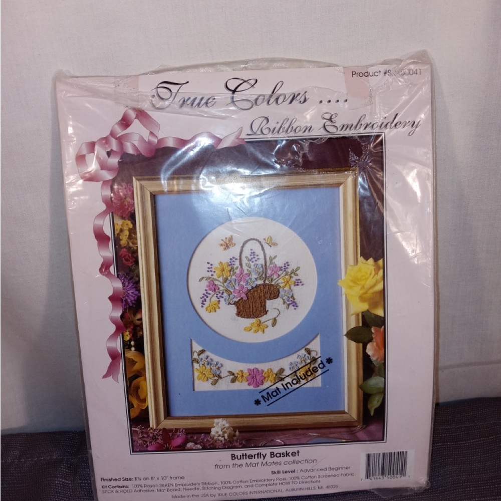 Ribbon Embroidery Kit - Butterfly Basket with Blue Background
